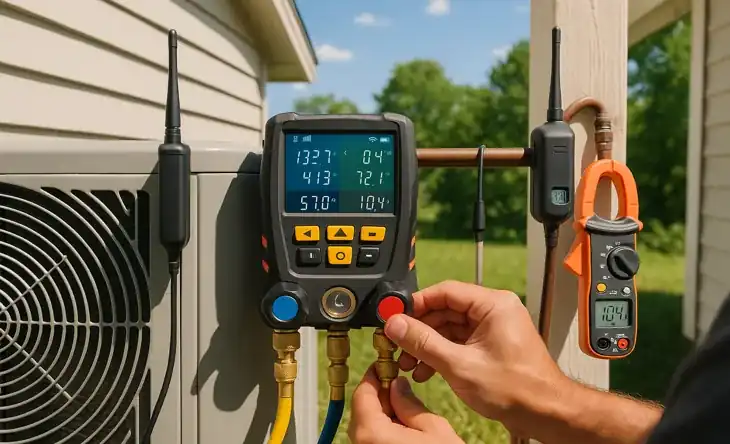 Technician adjusting a digital manifold gauge set with wireless probes and clamp meter on an air-conditioning unit in bright daylight