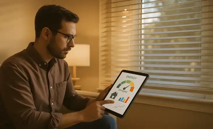 homeowner checking energy reports on tablet with smart blinds LED lighting and insulated windows in a bright eco-friendly living room