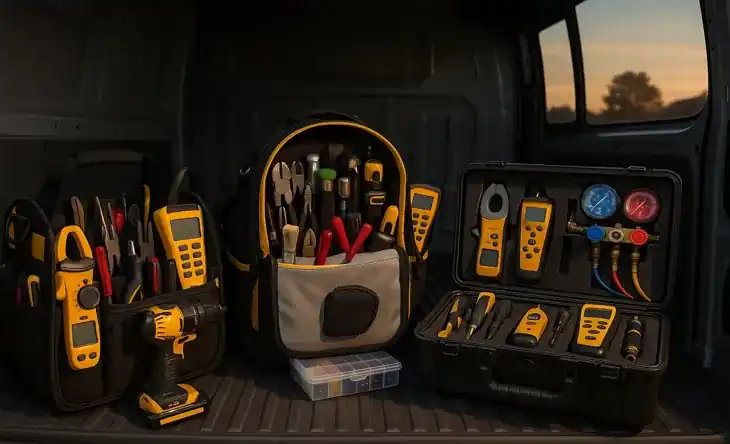 Organized HVAC tool bags and rolling case in the back of a service van at sunrise