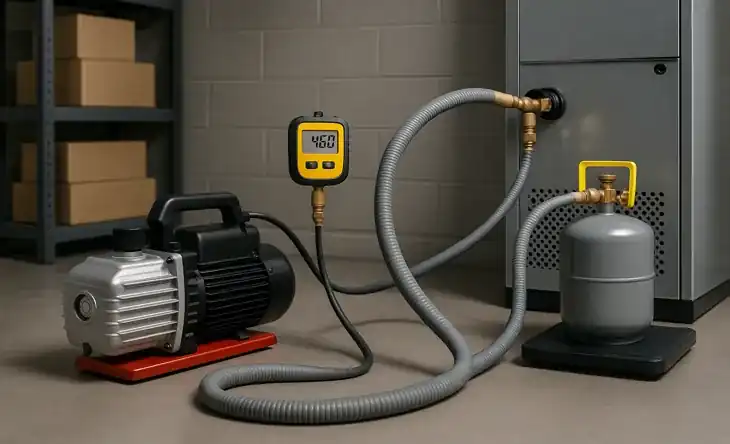 Professional HVAC vacuum pump with large hose and micron gauge during residential system evacuation