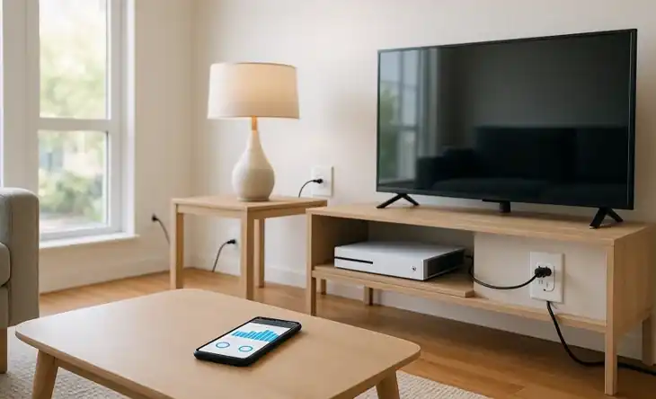 smart plug controlling a portable space heater with a smart thermostat interface glowing on the wall in a modern apartment interior