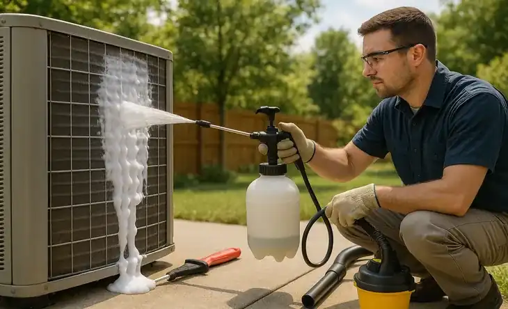 Technician spraying foaming coil cleaner on condenser fins with pump sprayer, fin comb and wet/dry vac nearby in bright outdoor setting