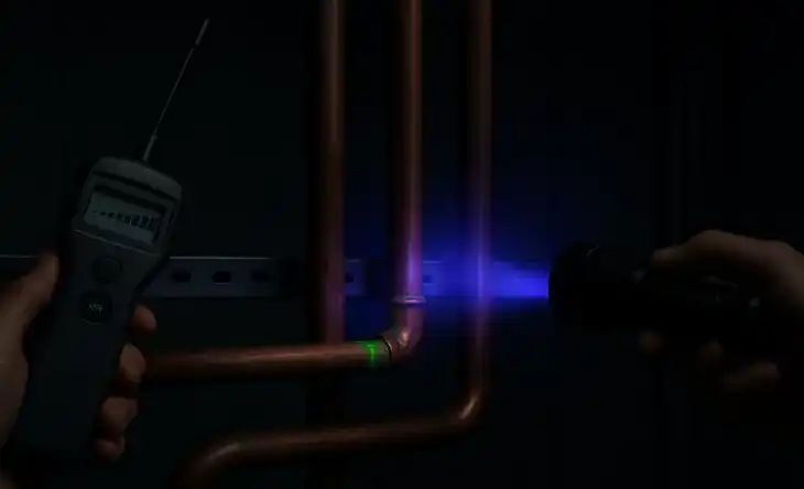 Ultrasonic leak detector and UV flashlight scanning copper refrigerant lines with green dye glow in a dark mechanical room